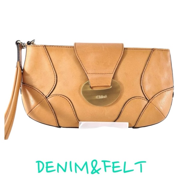 Chloe Brown/Tan Leather Gold Logo Top Zip Womens Clutch/Wristlet/Wallet PRELOVED - Picture 1 of 12